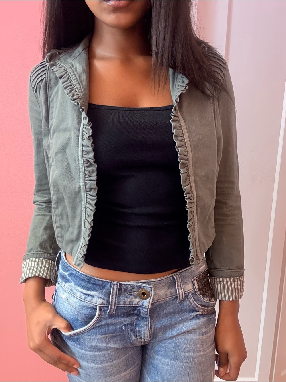 y2k cropped Ruffle-Trim Jacket